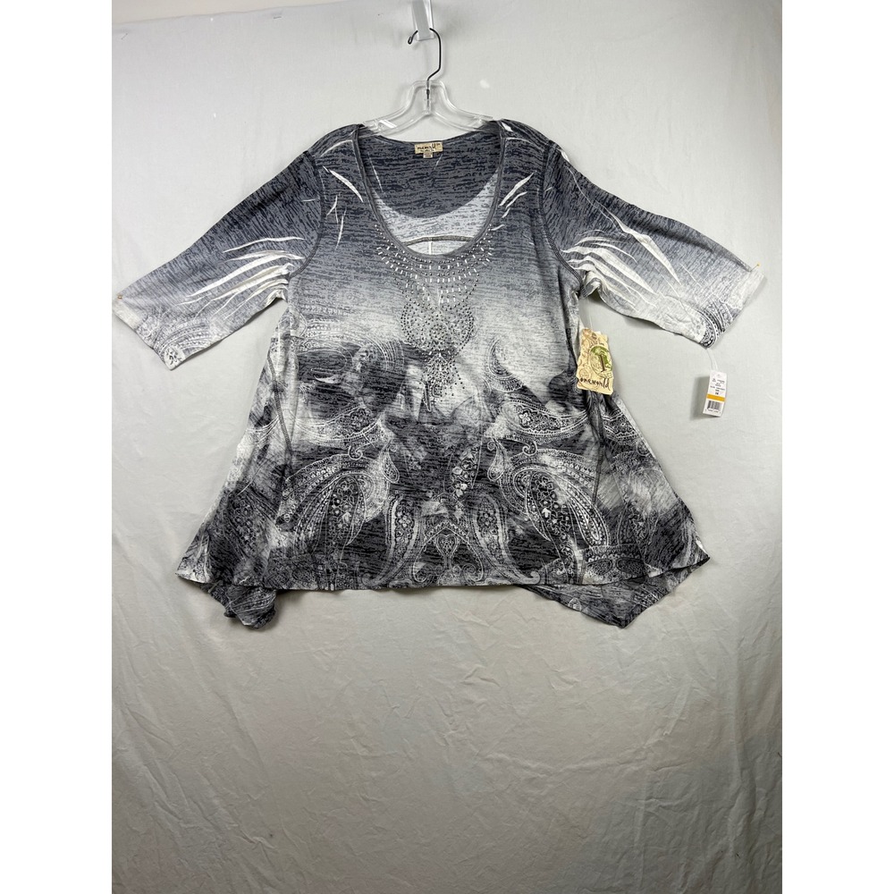 One World Tunic Top Womens 3X Gray Paisley Studded Handkerchief Hem 8150N29860